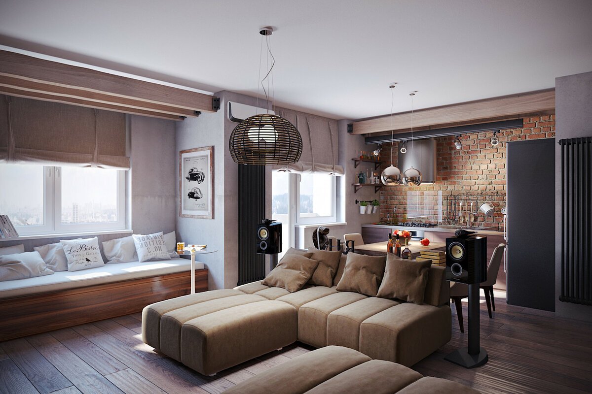 Дизайн гостиной в стиле лофт — 50 фото интерьеров | блог о ремонте и дизайне интерьера