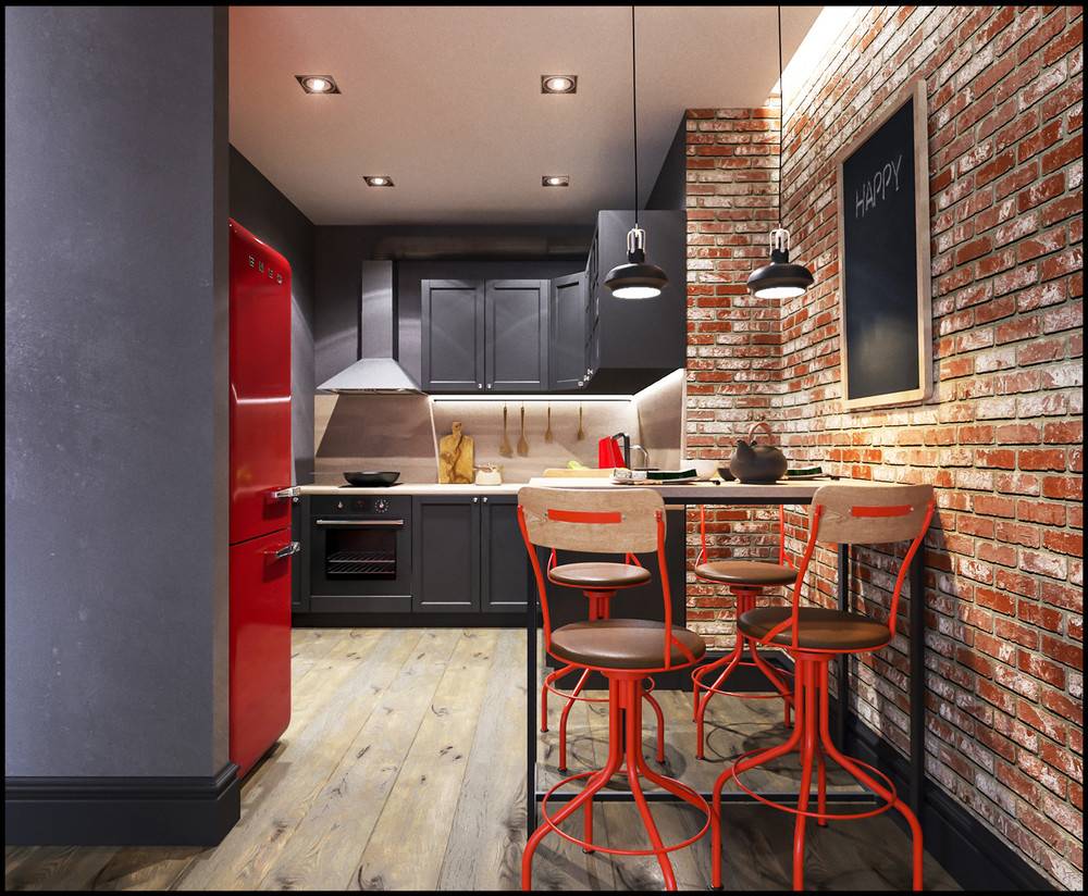 Кухня в стиле лофт с красным кирпичом